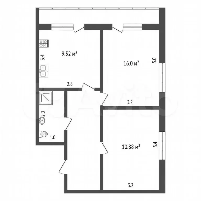 2-к. квартира, 41,9 м, 2/2 эт. - Фото 0