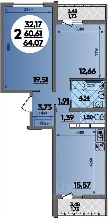 2-к кв. Адыгея, Майкоп  (64.07 м) - Фото 1