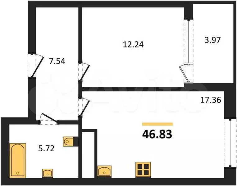1-к. квартира, 46,8 м, 2/4 эт. - Фото 1