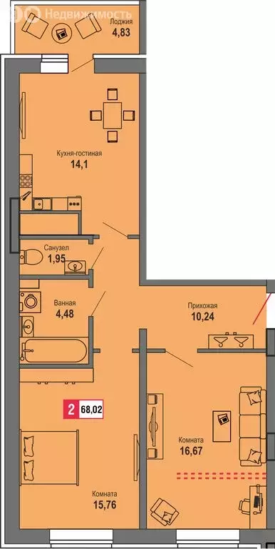 2-комнатная квартира: Тверь, Оснабрюкская улица, 22к1 (68.02 м) - Фото 1