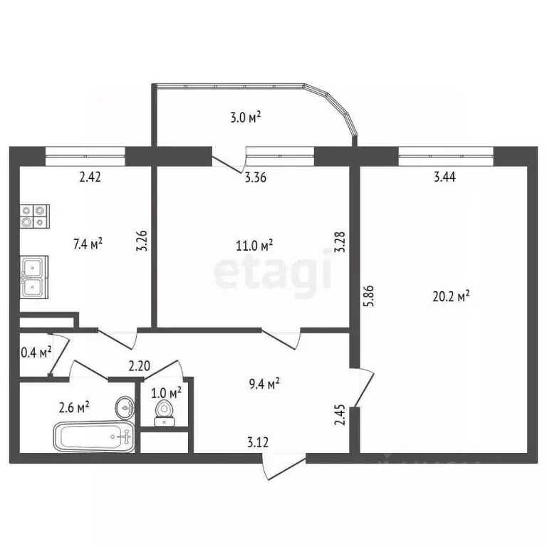 2-к кв. Санкт-Петербург ул. Маршала Новикова, 2К1 (52.9 м) - Фото 1