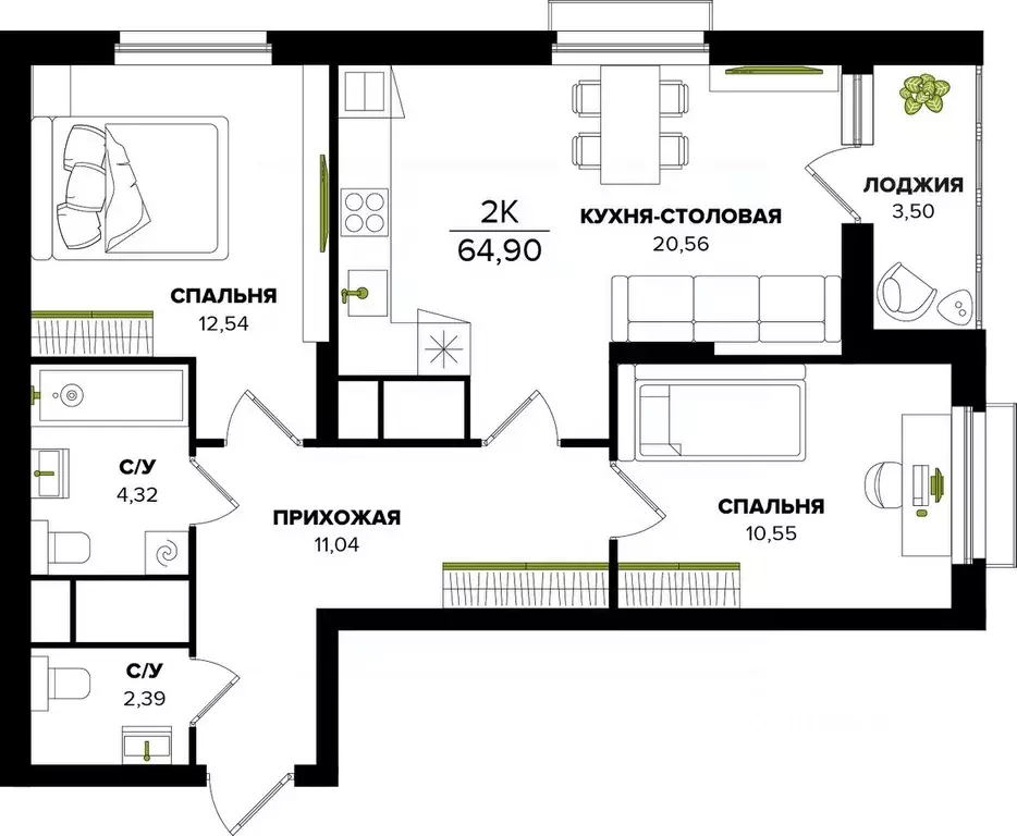 2-к кв. Тульская область, Тула  (64.9 м) - Фото 0