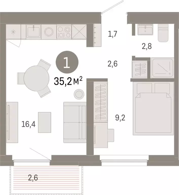 1-комнатная квартира: Тюмень, Мысовская улица, 26к2 (35.22 м) - Фото 0