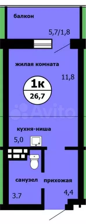 Квартира-студия, 26,7 м, 6/9 эт. - Фото 0