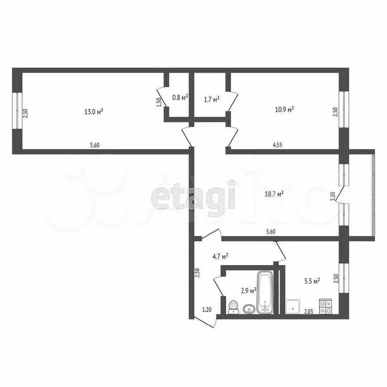 3-к. квартира, 58,6 м, 2/5 эт. - Фото 0