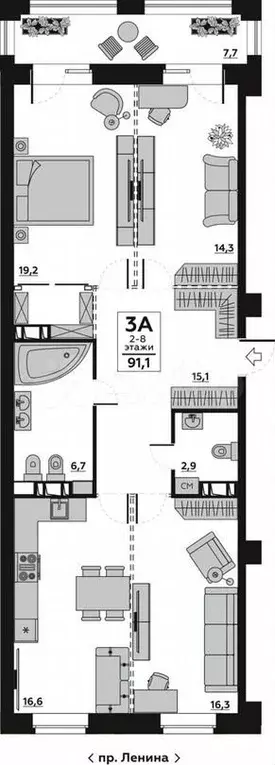 3-к. квартира, 95,2м, 3/20эт. - Фото 1