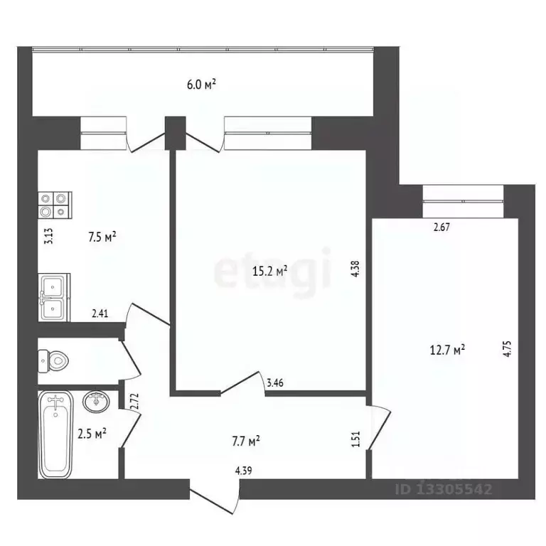 2-к кв. Кемеровская область, Кемерово Космическая ул., 37 (46.5 м) - Фото 1