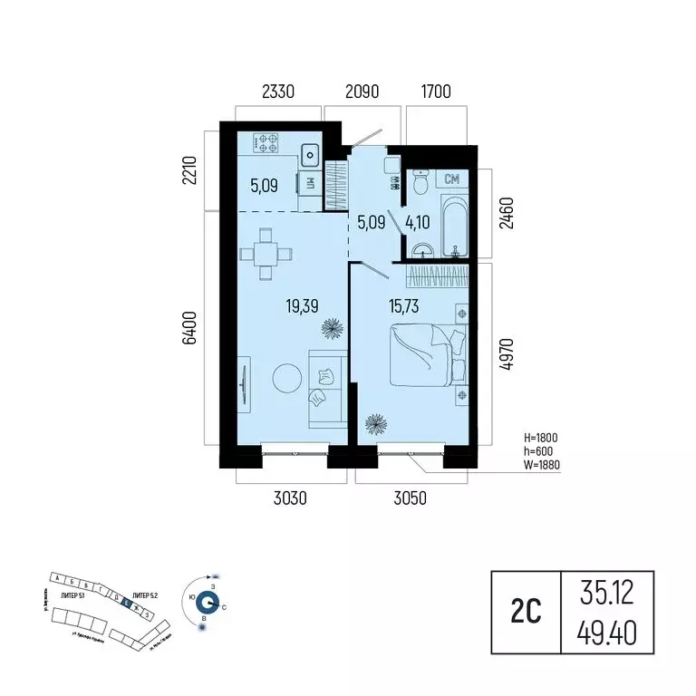 2-комнатная квартира: Уфа, Советский район, порт Уфа (49.4 м) - Фото 0