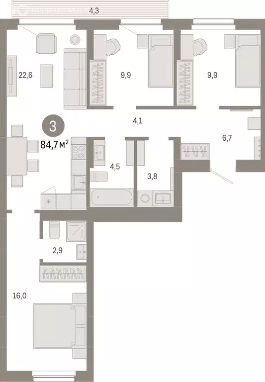 3-комнатная квартира: Новосибирск, квартал Лебедевский (84.7 м) - Фото 1