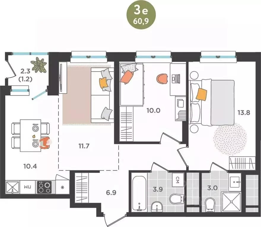 3-к кв. Пермский край, Пермь ул. Куфонина, 1 (60.9 м) - Фото 1