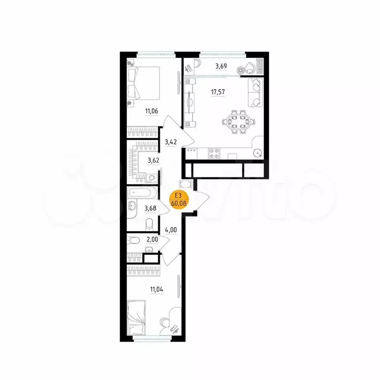 2-к. квартира, 60,1 м, 2/25 эт. - Фото 1