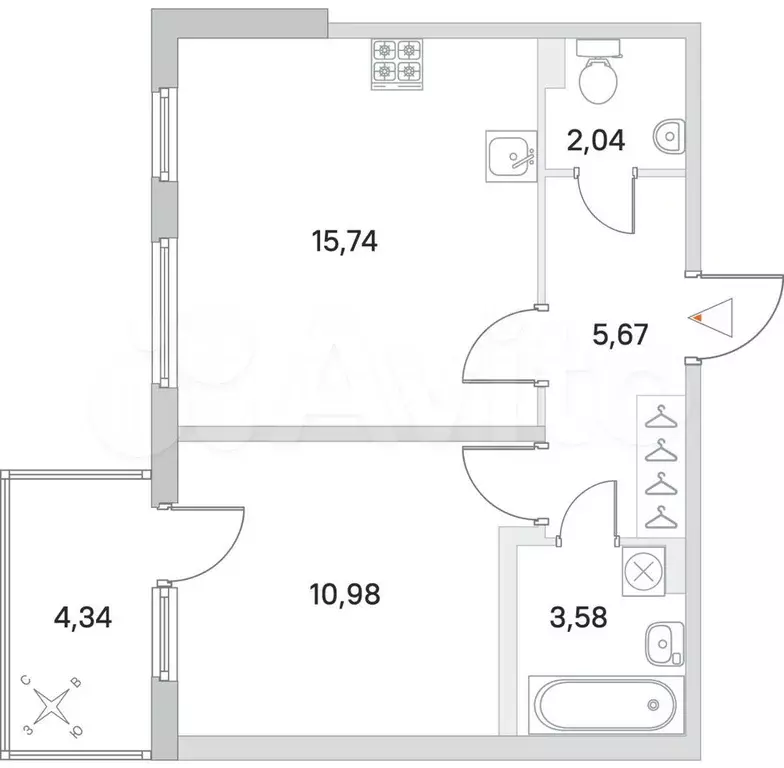 1-к. квартира, 39,4м, 1/4эт. - Фото 1