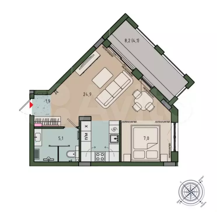 1-к. квартира, 42,9 м, 6/9 эт. - Фото 1