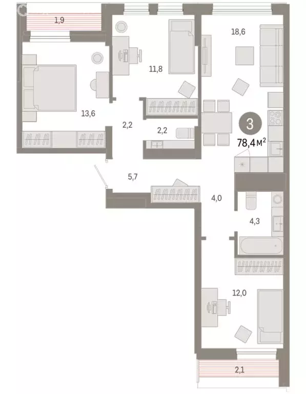 3-комнатная квартира: Тюмень, улица Республики, 205к1 (78.44 м) - Фото 2