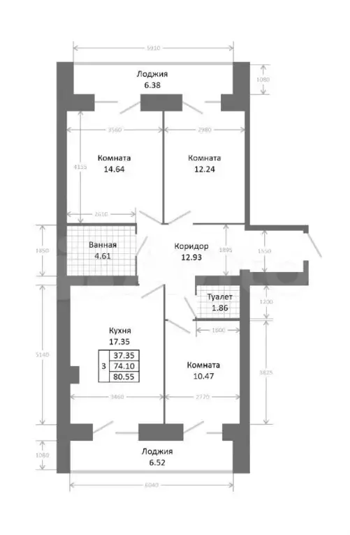 3-к. квартира, 80,6 м, 8/9 эт. - Фото 0