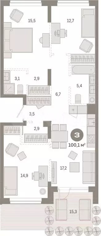 3-к. квартира, 100,1 м, 1/17 эт. - Фото 1