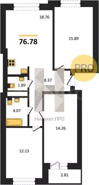 3-к. квартира, 76,8 м, 8/9 эт. - Фото 1