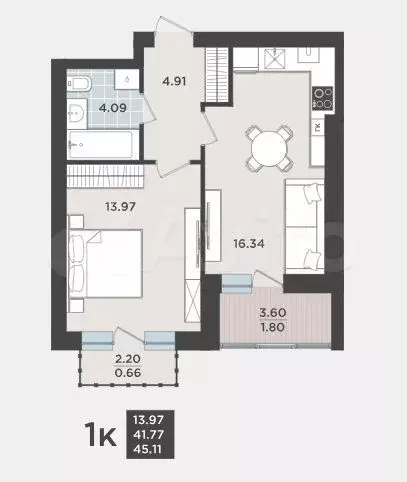 1-к. квартира, 41,8 м, 8/9 эт. - Фото 1