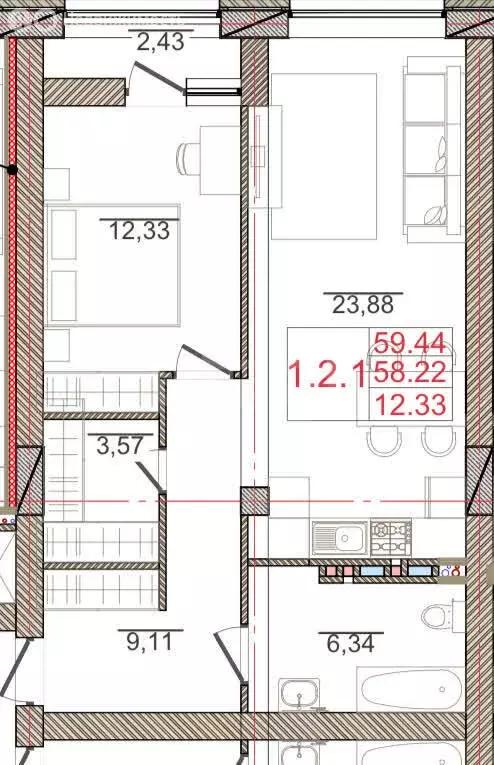 1-комнатная квартира: Владикавказ, улица Куйбышева, 77 (59 м) - Фото 1