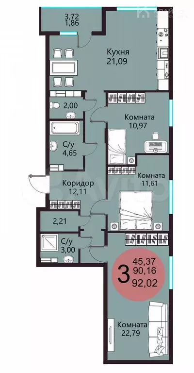 3-к. квартира, 92 м, 7/22 эт. - Фото 0