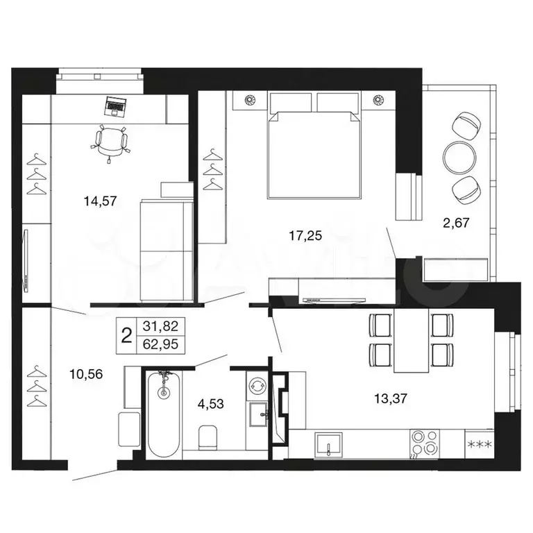 2-к. квартира, 63 м, 5/9 эт. - Фото 0