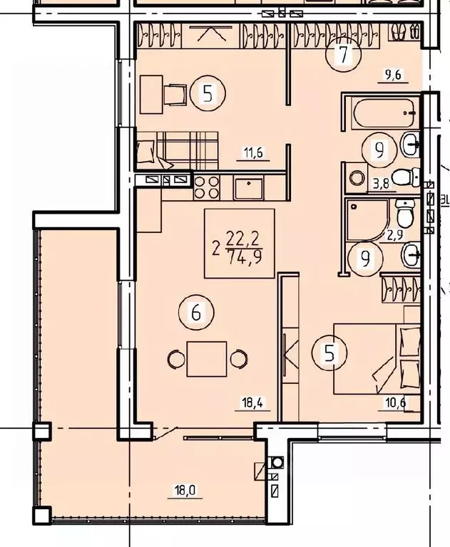 2-к кв. брянская область, брянск ул. некрасова, 20 (74.9 м) - Фото 1