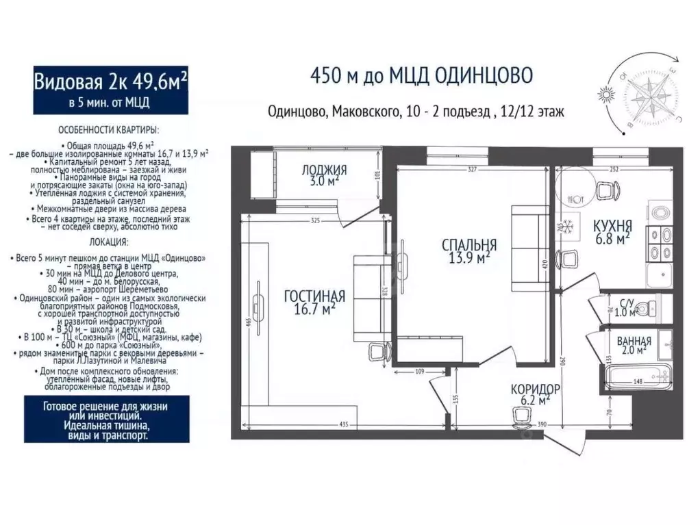 2-к кв. Московская область, Одинцово ул. Маковского, 10 (45.9 м) - Фото 2