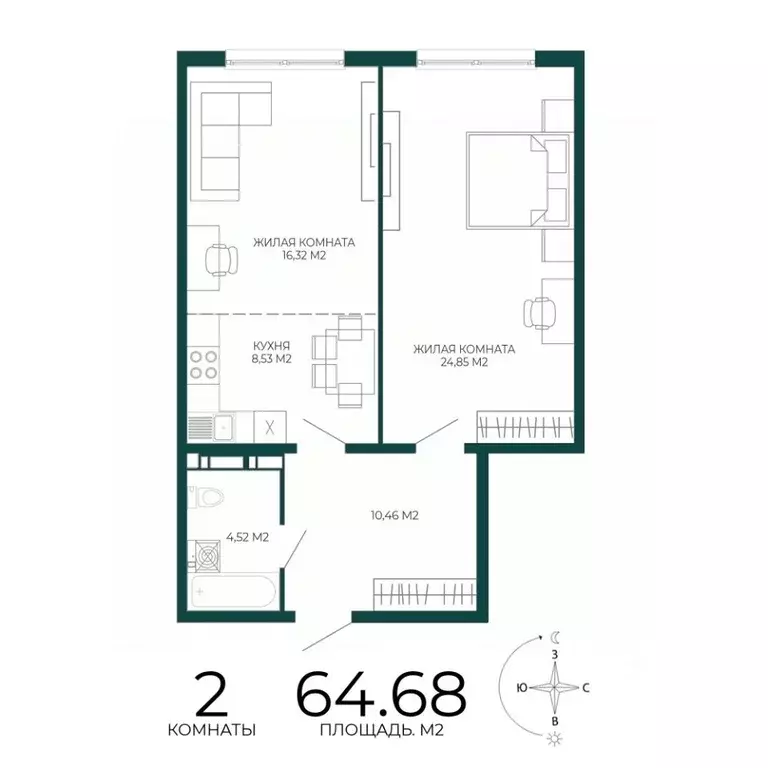 2-к кв. Пензенская область, Пенза Чаадаев жилой комплекс (64.68 м) - Фото 1