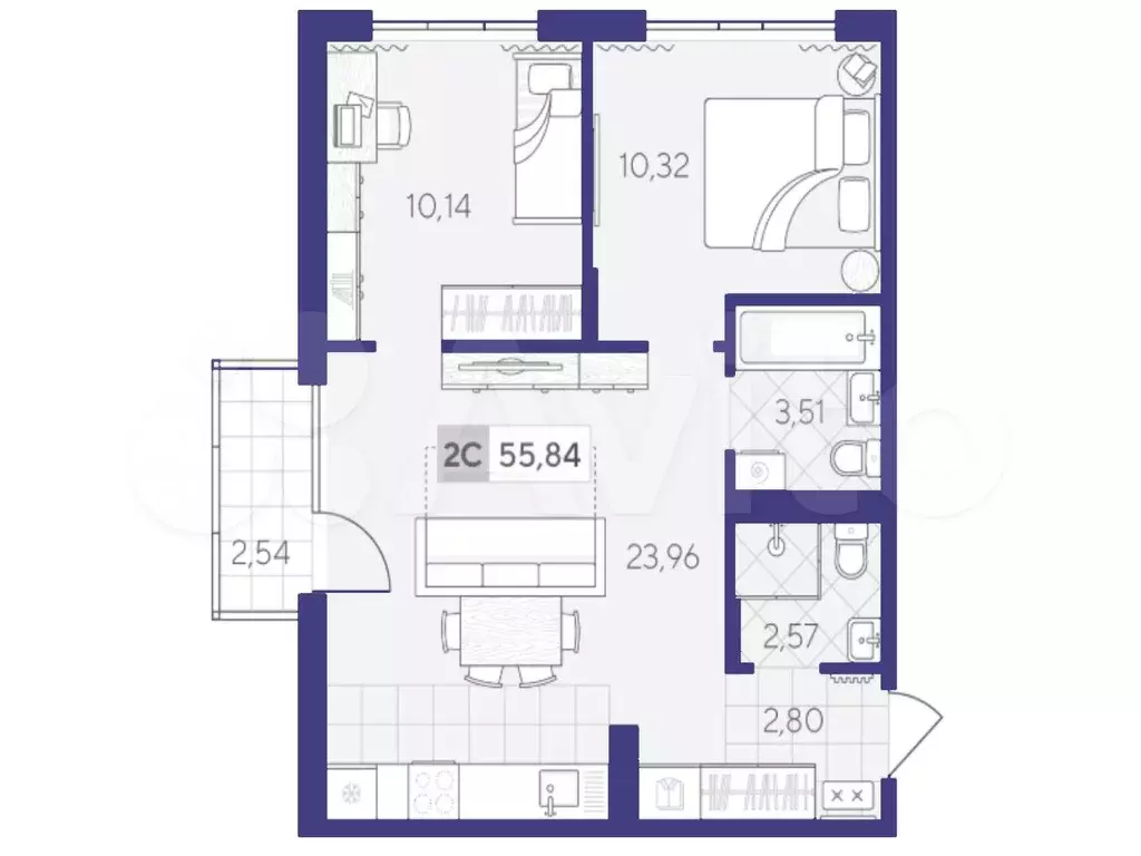 2-к. квартира, 55,8 м, 3/4 эт. - Фото 1