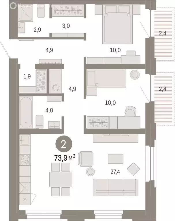 2-комнатная квартира: Тюмень, Мысовская улица, 26к2 (73.92 м) - Фото 1