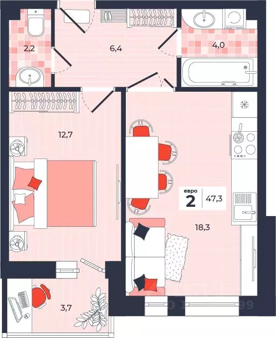 2-к кв. Тульская область, Тула ул. Академика Насоновой, 1А (47.3 м) - Фото 1