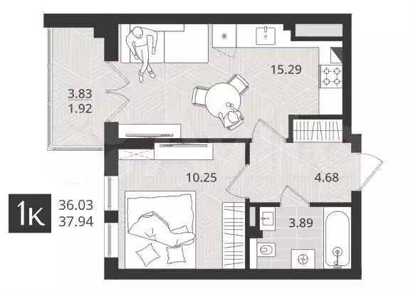 1-к. квартира, 36м, 3/4эт. - Фото 1