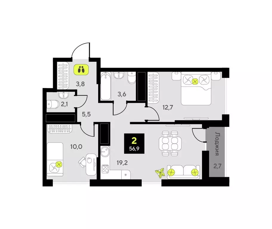 2-комнатная квартира: Тюмень, улица Первооткрывателей, 9 (56.9 м) - Фото 1