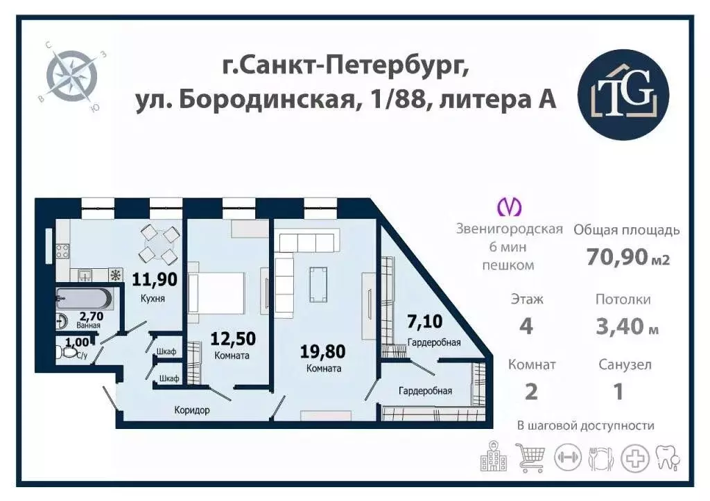 2-к кв. Санкт-Петербург Бородинская ул., 1/88 (70.9 м) - Фото 1