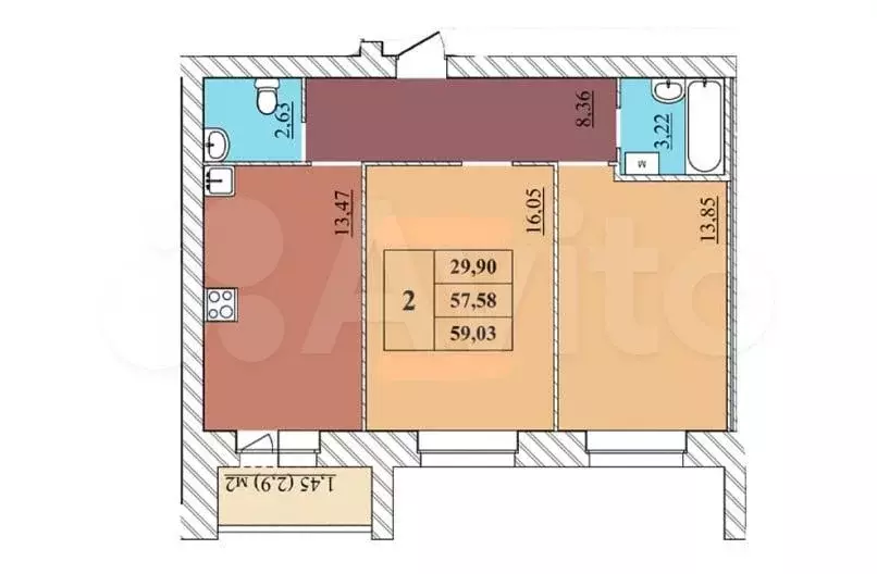 2-к. квартира, 59 м, 2/5 эт. - Фото 0