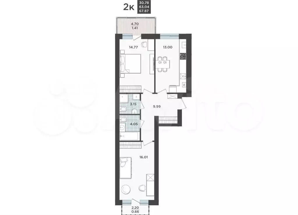 2-к. квартира, 67,9 м, 9/9 эт. - Фото 1