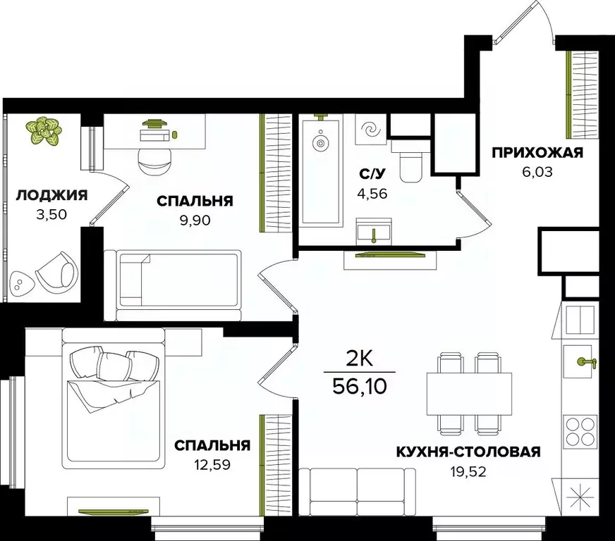 2-к кв. Тульская область, Тула  (56.1 м) - Фото 0