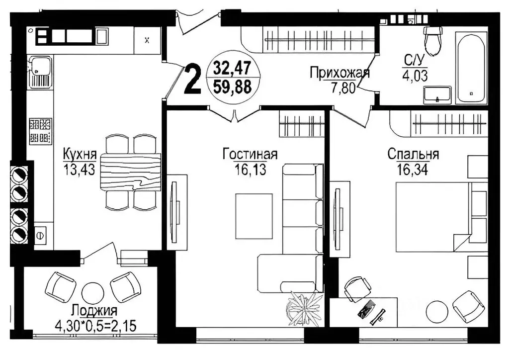 2-к кв. Калининградская область, Калининград проезд Крымский, 2 (59.3 ... - Фото 2