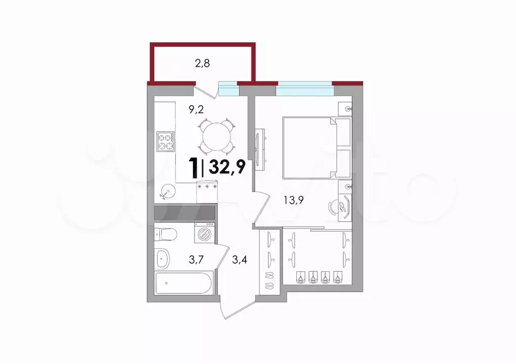 1-к. квартира, 32,9 м, 4/18 эт. - Фото 1