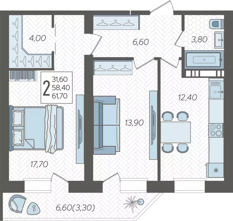 Продаётся 2-к квартира, 61.7 м - Фото 0
