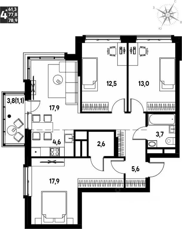 Студия Пермский край, д. Кондратово просп. Дягилева, 3 (78.9 м) - Фото 1