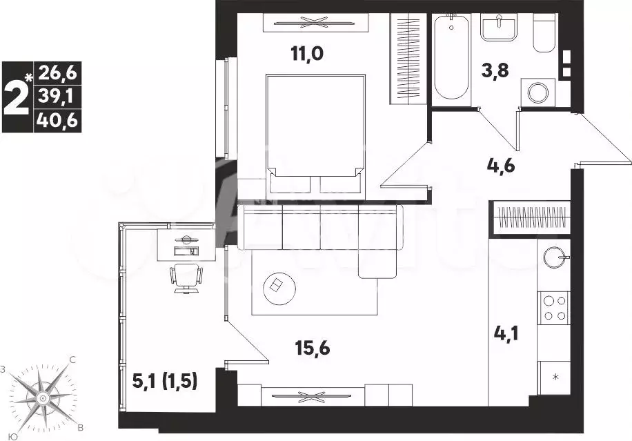 2-к. квартира, 40,6 м, 3/9 эт. - Фото 0