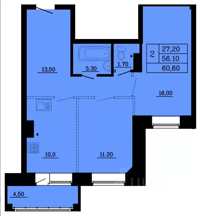 2-к кв. Омская область, Омск ул. Малиновского, 16к2 (60.6 м) - Фото 1