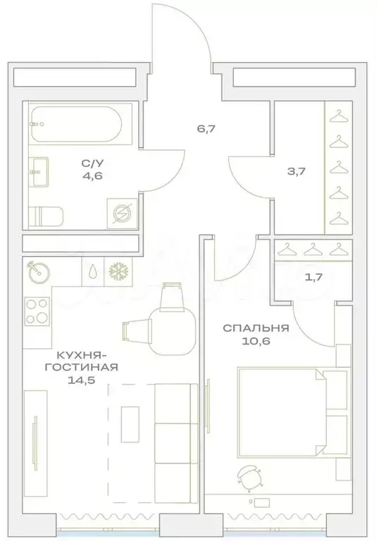 1-к. квартира, 41,8 м, 22/23 эт. - Фото 1