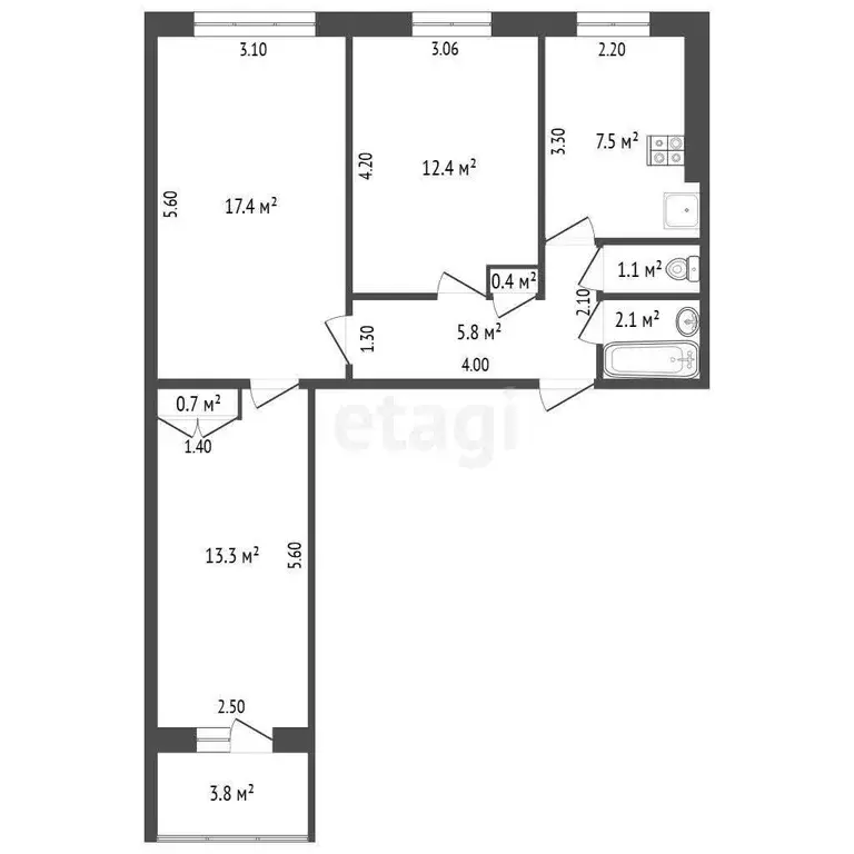 Квартира, 3 комнаты, 60.7 м - Фото 0