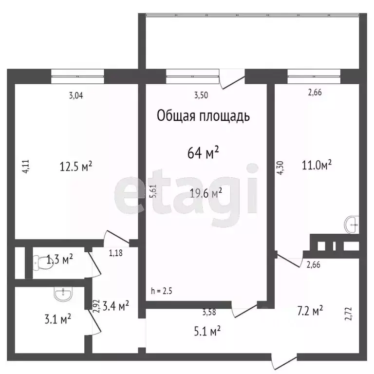 2-к кв. Томская область, Томск ул. 1-я Рабочая, 2А (64.0 м) - Фото 0