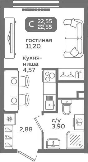 Студия Тюменская область, Тюмень ул. Заполярная, 9/2 (22.55 м) - Фото 0