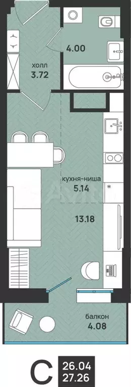 1-к. квартира, 27,3 м, 3/13 эт. - Фото 0