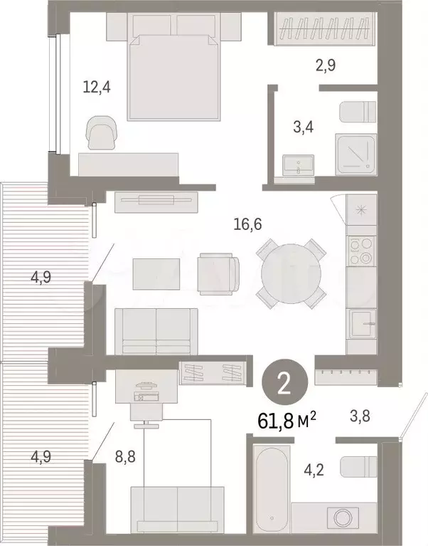 2-к. квартира, 61,8 м, 7/9 эт. - Фото 0