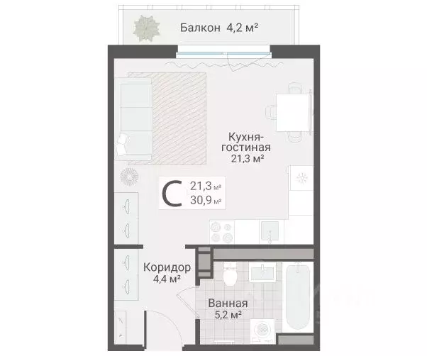 Студия Санкт-Петербург Актерский проезд, 2к2 (30.9 м) - Фото 1